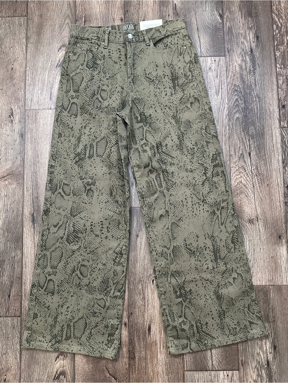 ana High Rise Wide Leg Cotton Snakeskin Pants Women’s Size 6 Python Green